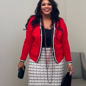 Knit Red Cardigan with Black and White Trim